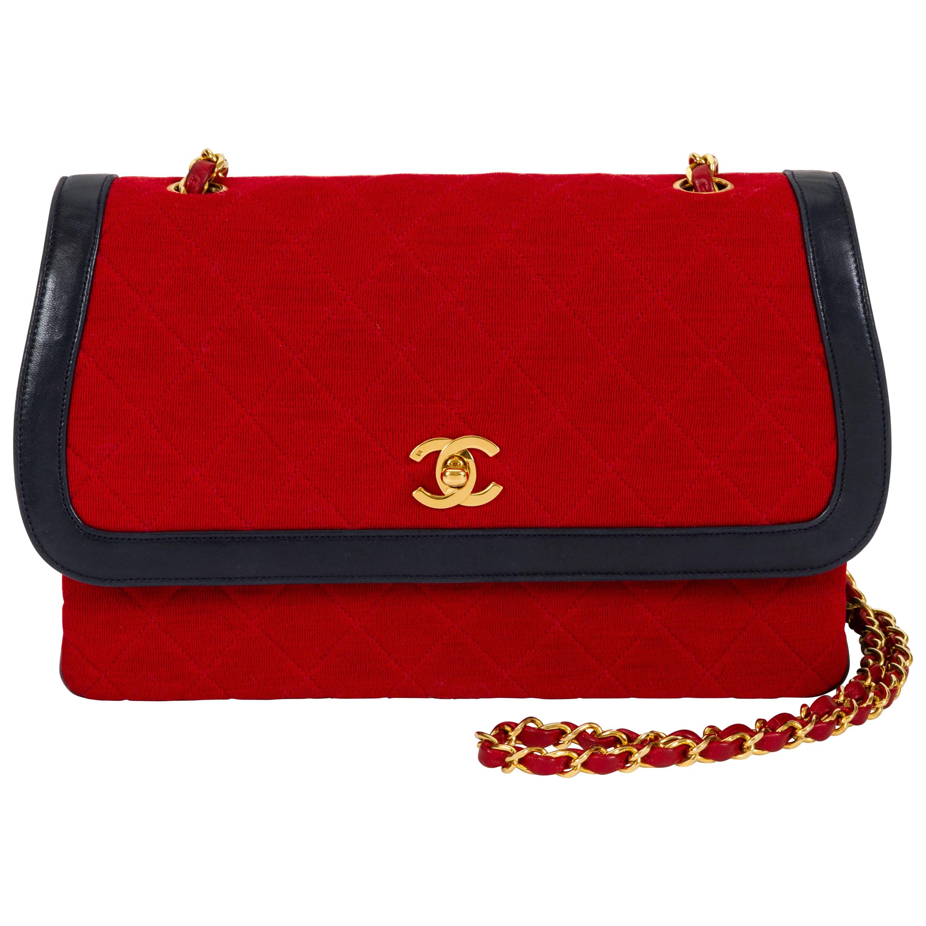 1980's Chanel Navy & Red Wool Flap Bag