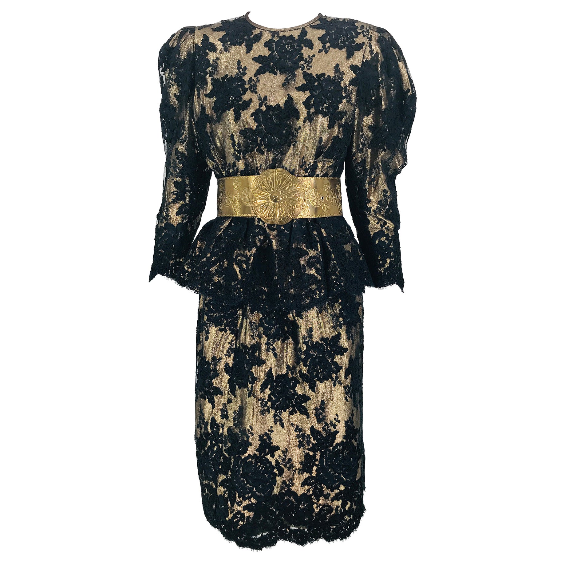 Pauline Trigere Black Guipure Lace over Gold Lame 1980s 2pc Skirt Set  For Sale