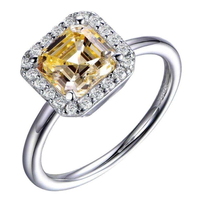 3.00 Carat Yellow Asscher Cut Cubic Zirconia Silver Engagement Cocktail Ring For Sale