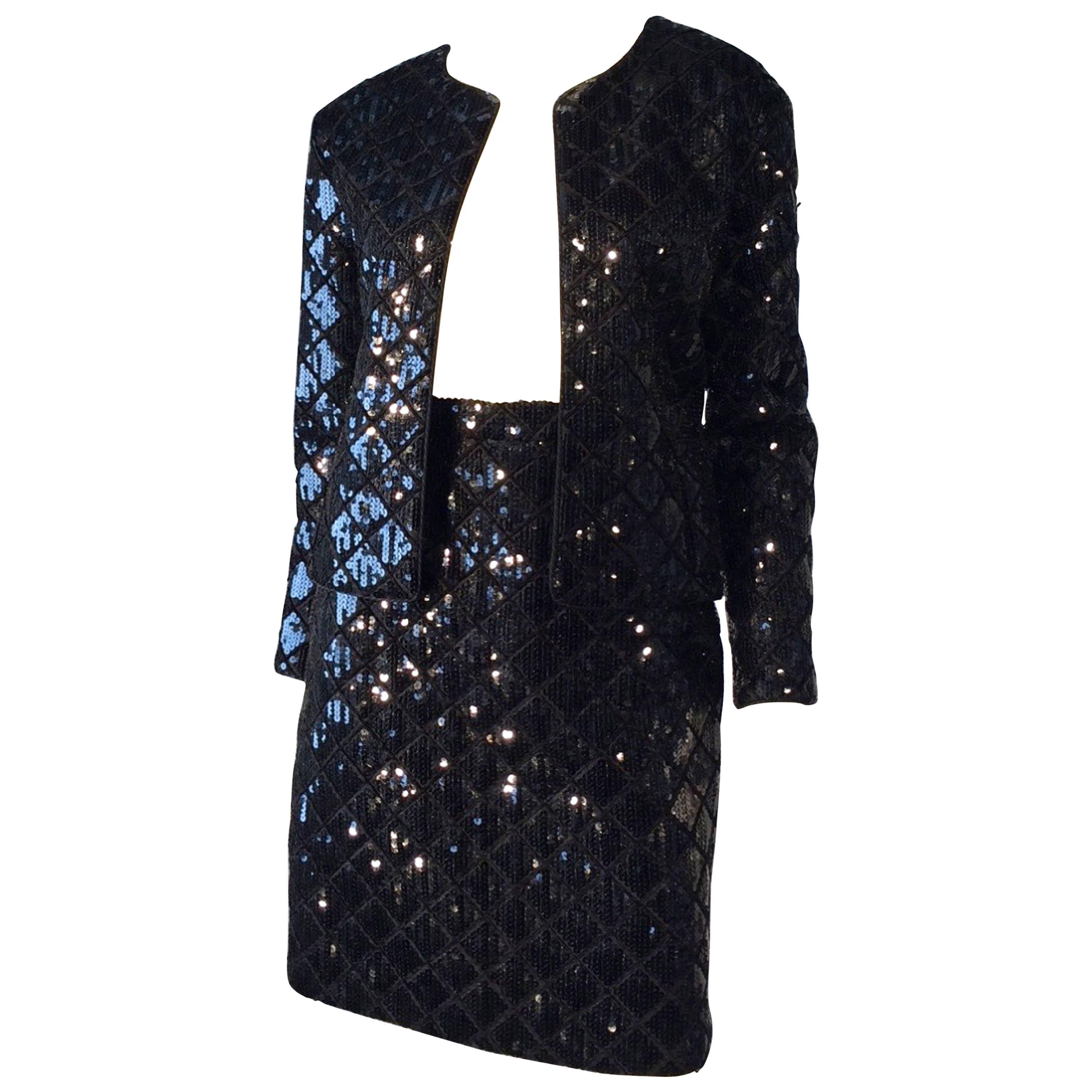 Iconic Chanel Quilted Sequin Skirt Suit, 1980s For Sale