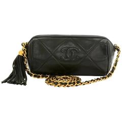 Vintage Chanel Dark Green Quilted Leather Fringe Mini Pouch Bag