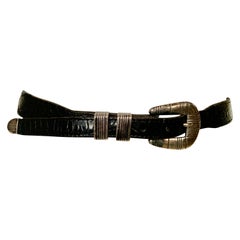 Vintage George Begay Navajo Silversmith Buckle Keeper and Tip and Black Leather Belt