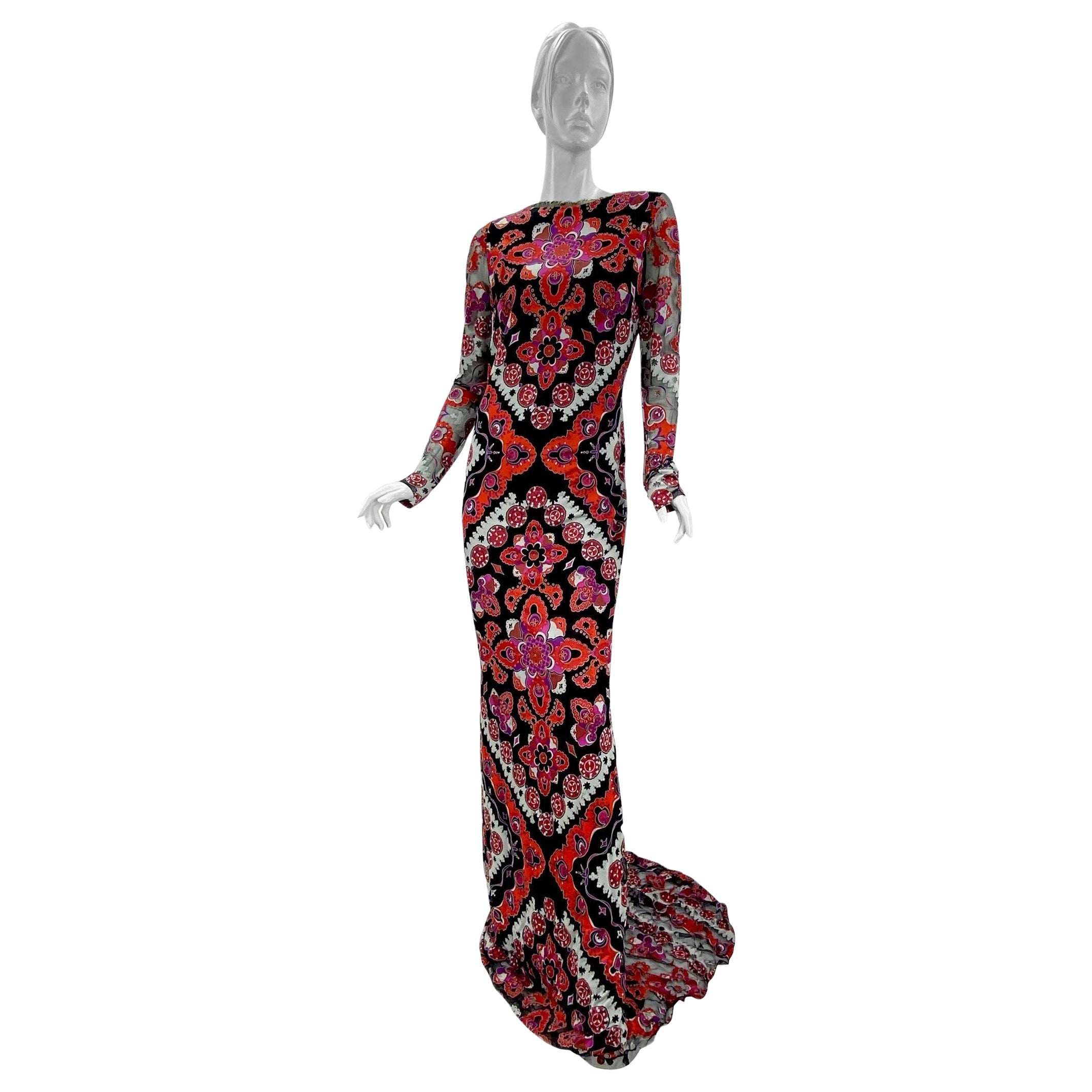 Iconic Emilio Pucci Multicolor Printed Devore Long Dress Gown Italian 42 - US 6 For Sale