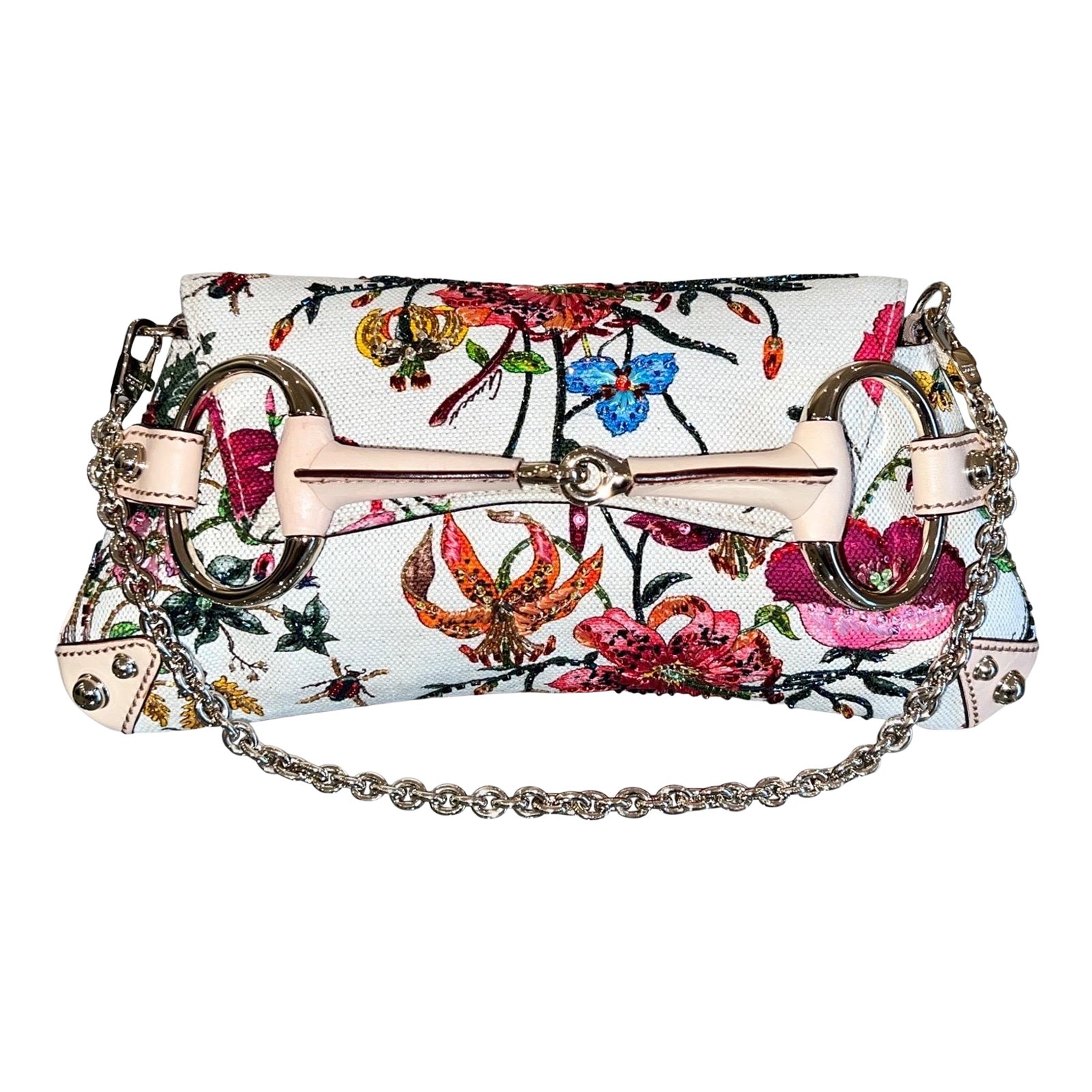 UNWORN Gucci Limited Edition Flora Print Beaded Embroidered Horsebit Bag Clutch For Sale