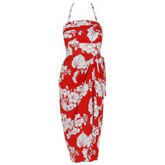 1940's Kamehameha Hawaiian Red & White Tropical Floral Rayon Halter Dress Set 7