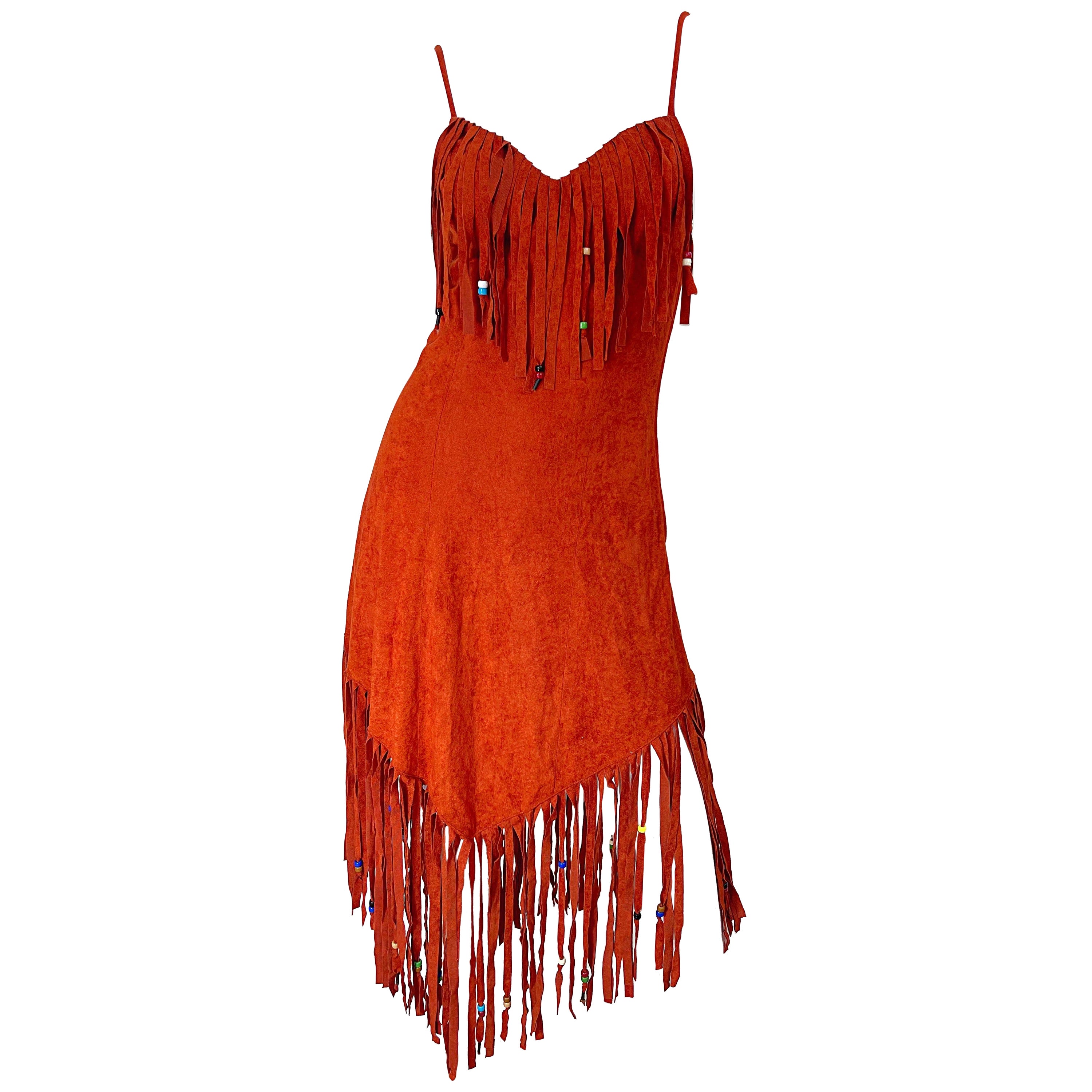 1970s Samir Rust Brown Faux Suede Beaded Fringed Boho Vintage 70s Dress For Sale
