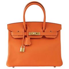 HERMES BIRKIN 30 Bag Orange Feu Gold Hardware Epsom