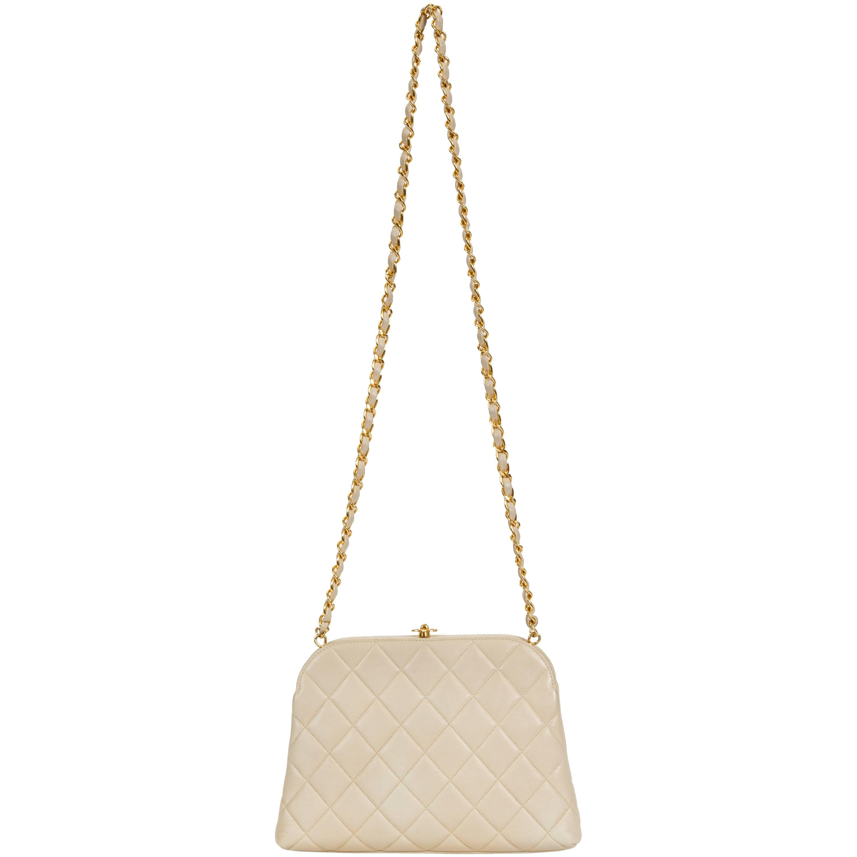 Chanel 1990's Beige Lambskin Quilted Kiss Lock Bag