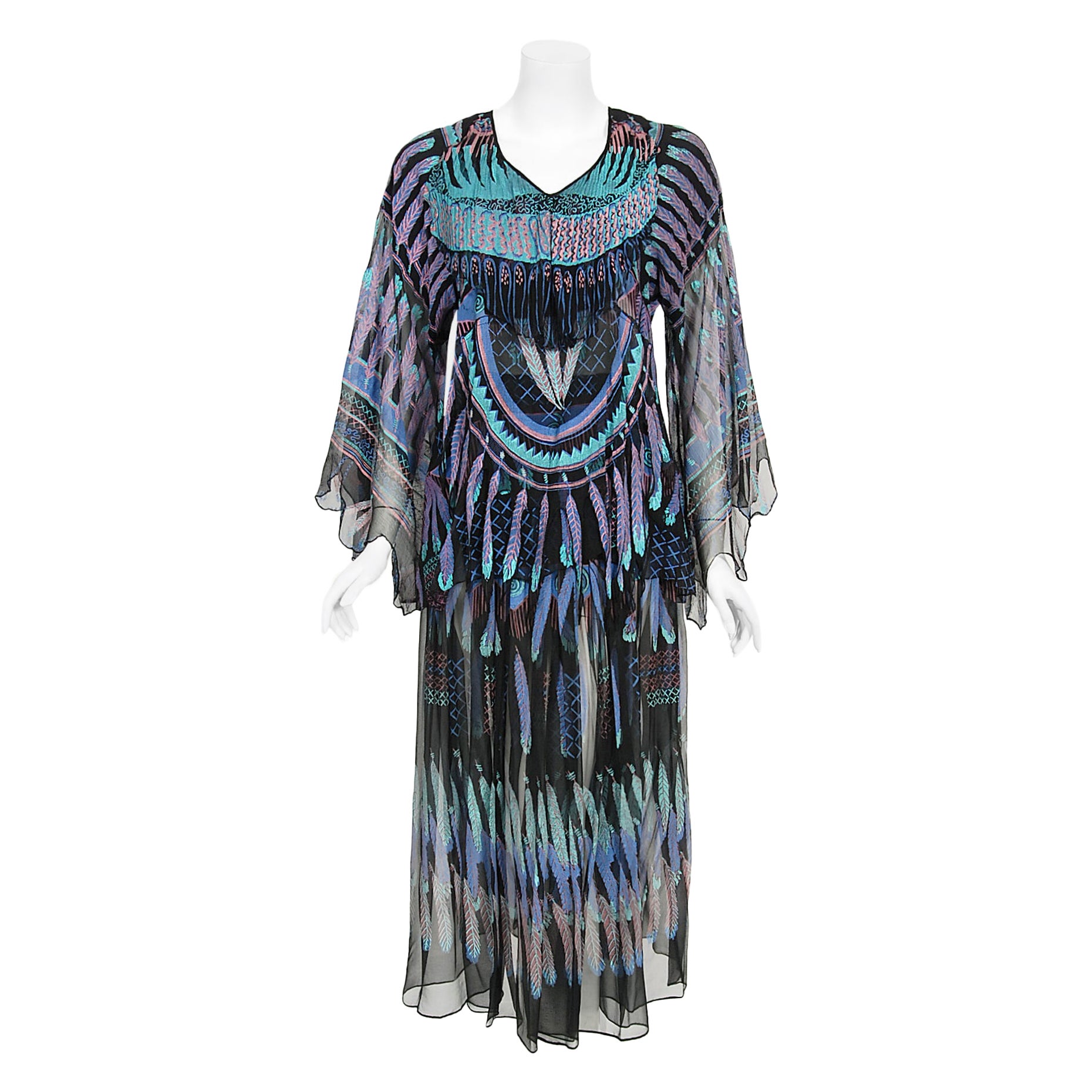 Vintage 1970 Zandra Rhodes Hand-Painted 'Indian Feathers' Sheer Silk Dress Set