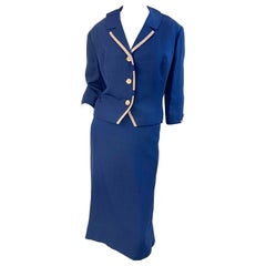 Vintage 1950s Bob McCreery Neiman Marcus Large Size Navy Blue Silk 50s Skirt Suit 