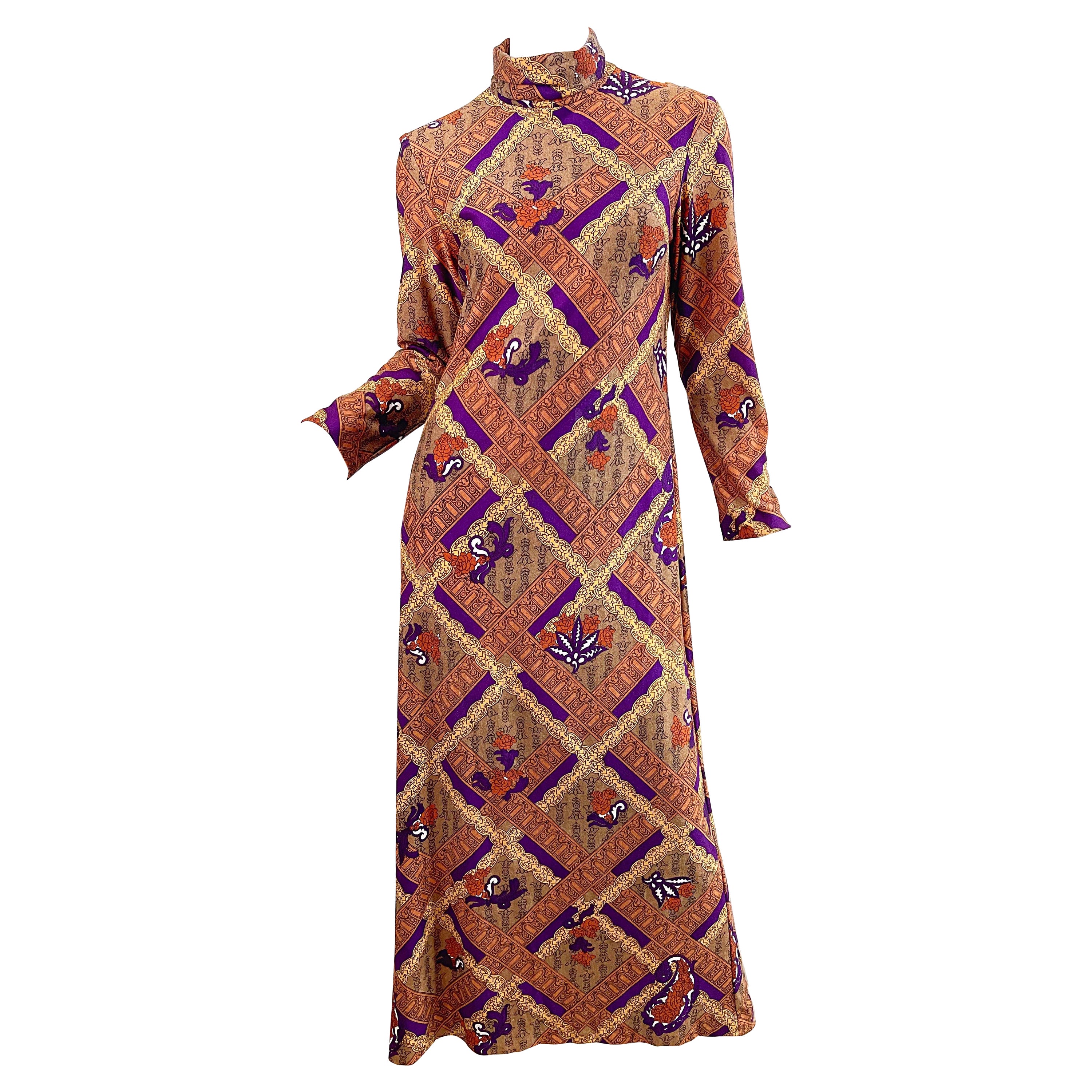 Rhonda Roy - Robe longue vintage à manches longues et col bénitier, imprimé abstrait, années 1970 en vente