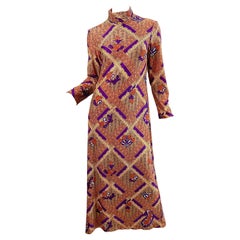 1970s Rhonda Roy Abstract Print Mock Neck Long Sleeve Vintage 70s Maxi Dress