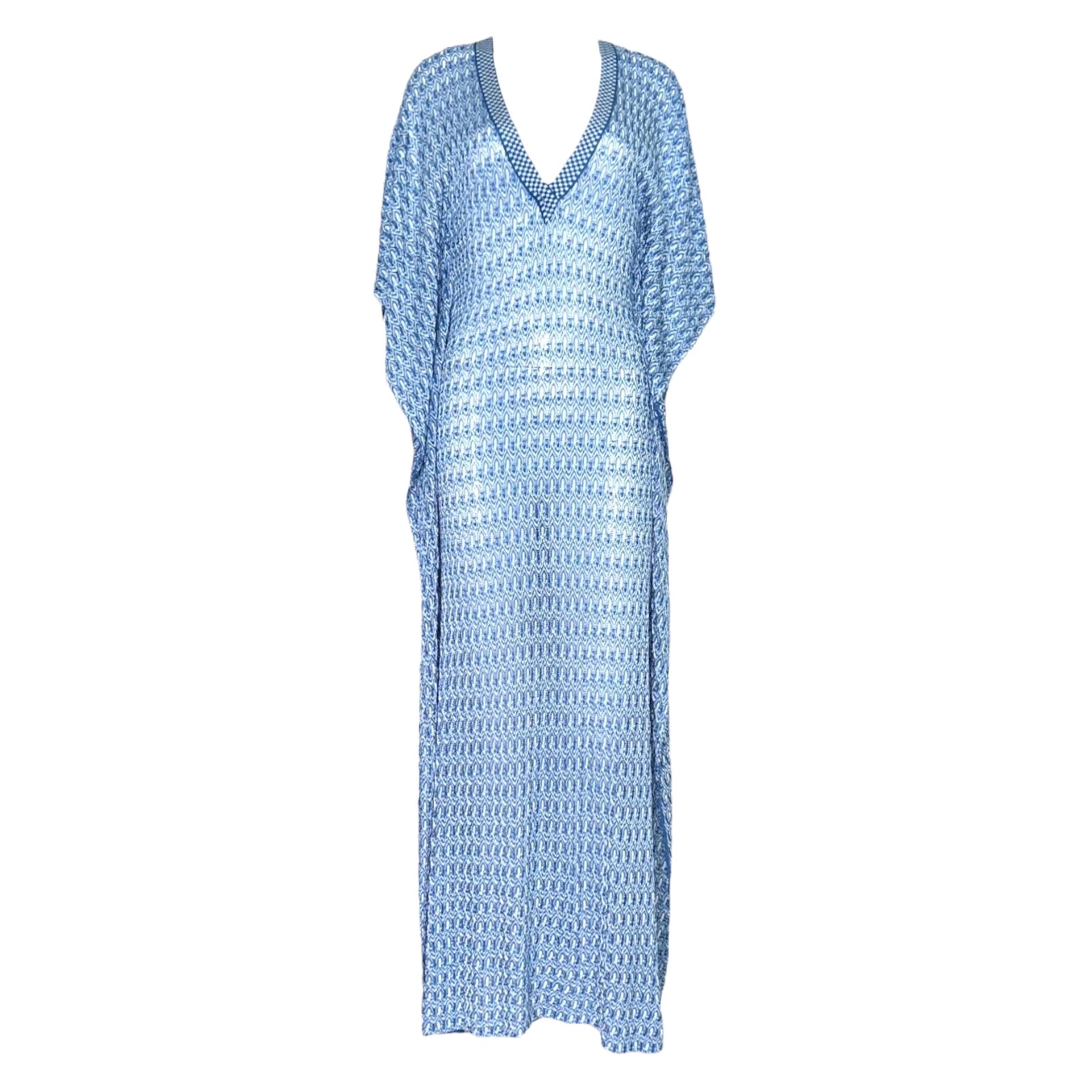 MISSONI Blue Chevron Crochet Knit Kaftan Maxi Dress Gown 42 For Sale