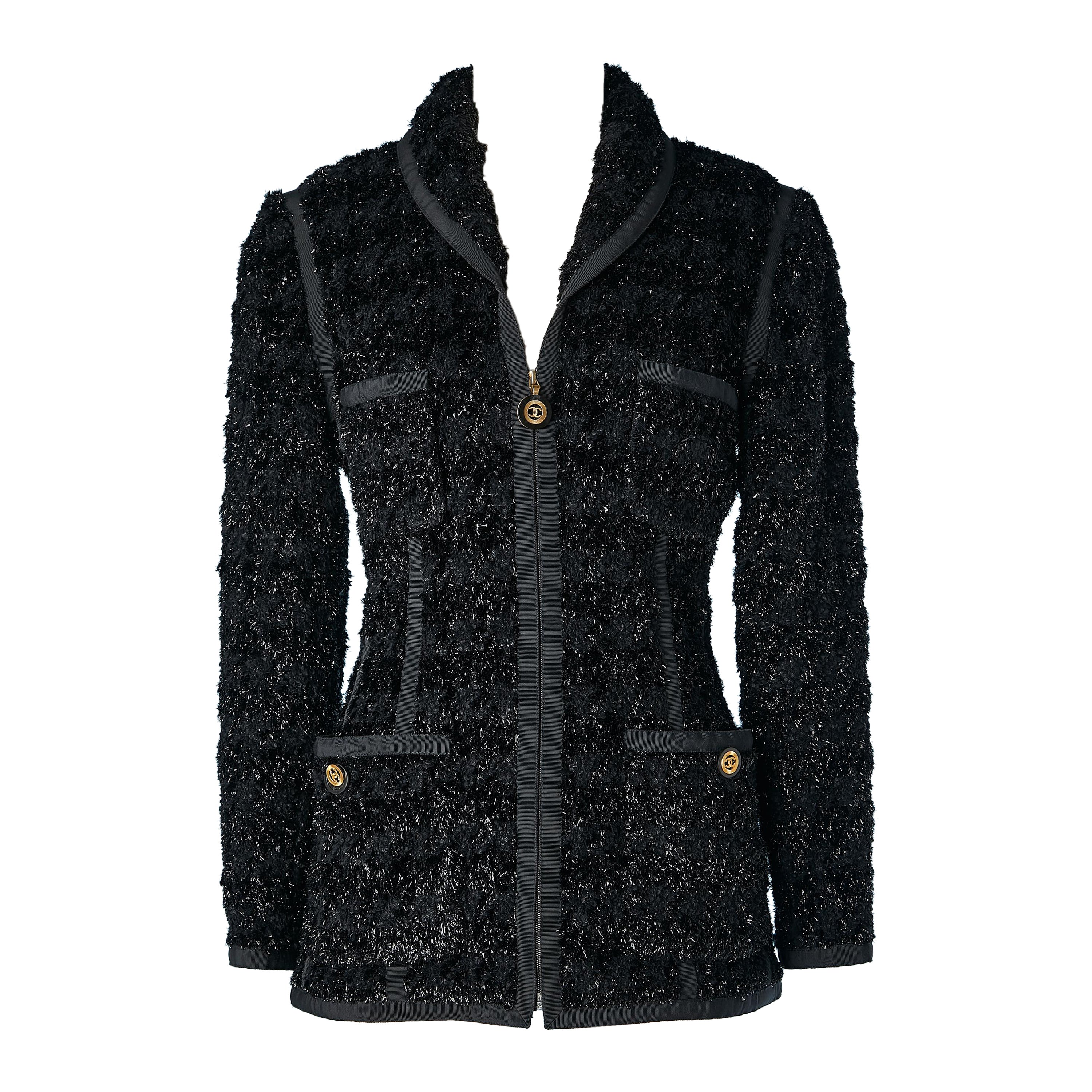 Black lurex tweed evening jacket with zip in the middle front Chanel Boutique 