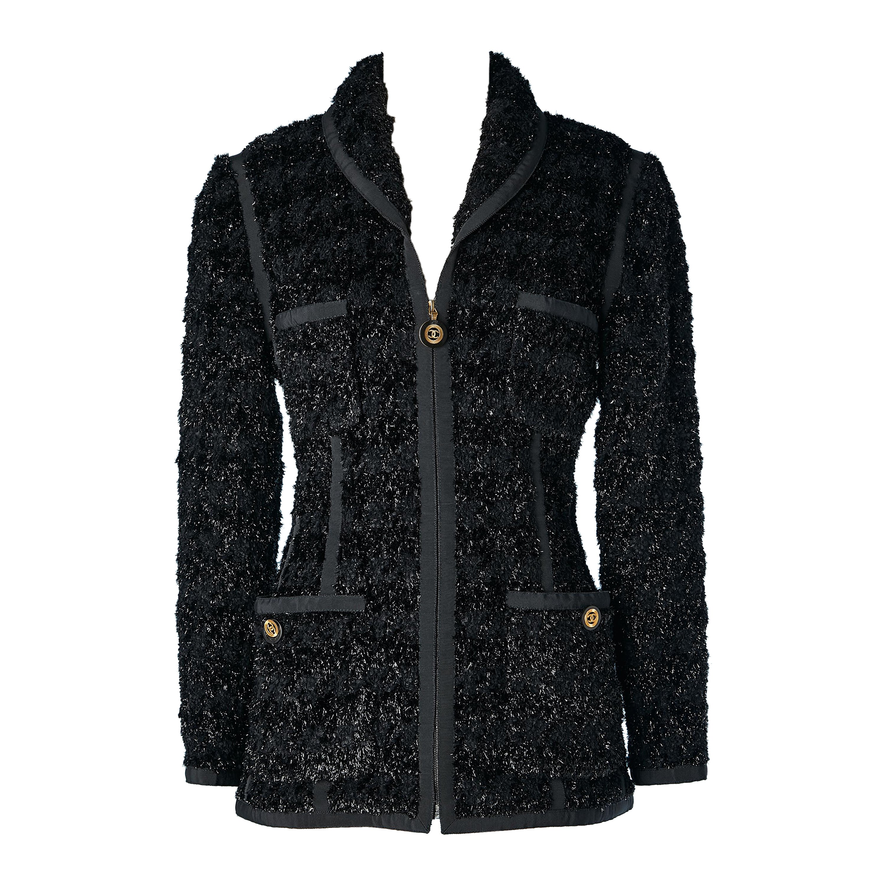 Black lurex tweed evening jacket with zip in the middle front Chanel ...