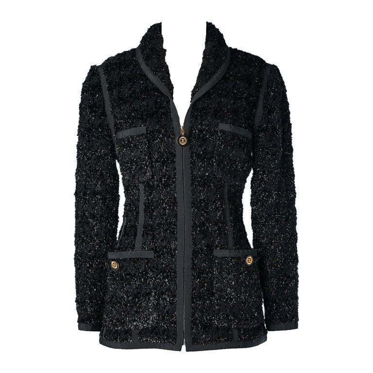 Auth Chanel 22C Tweed Cropped Cut Little Black Jacket P71896 Black