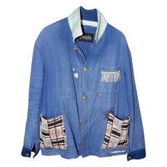 Tweed Pocket Light Blue Jacket Cotton French Work Wear Distressed Lurex Tweed