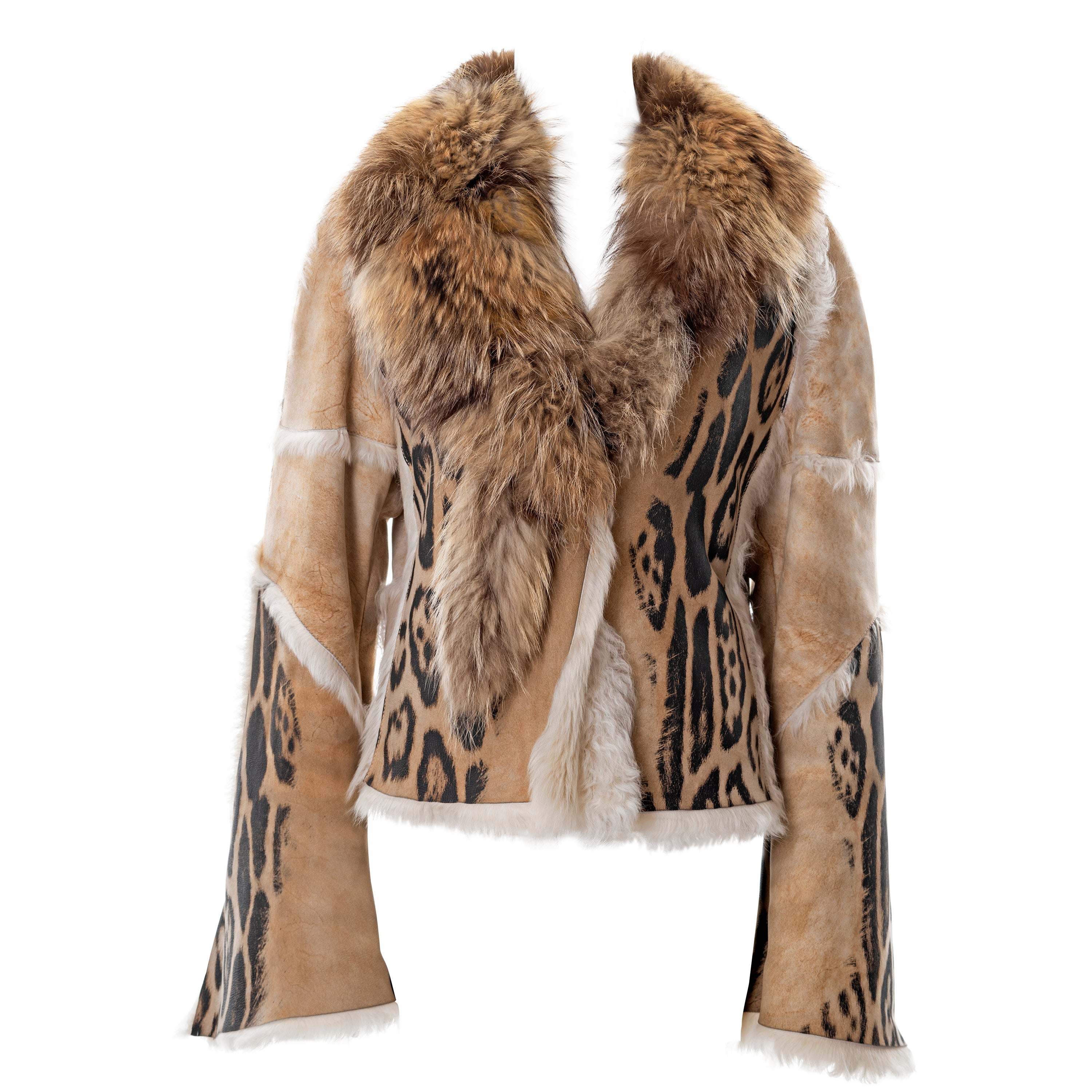 Roberto Cavalli leopard print sheepskin jacket with fox fur collar, fw 2001