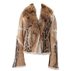 Roberto Cavalli leopard print sheepskin jacket with fox fur collar, fw 2001