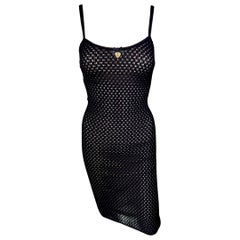 Vintage D&G by Dolce & Gabbana 1990's Sheer Knit Fishnet Virgin Mary Charm Black Dress