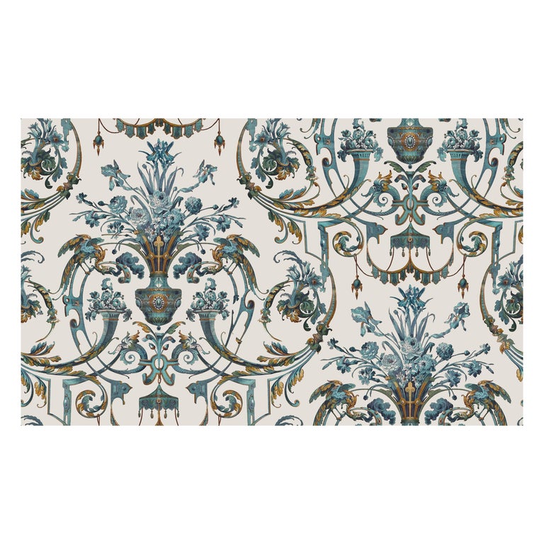 Morphew Abode Antique White and Teal 1870S Gryphon Wallpaper For Sale
