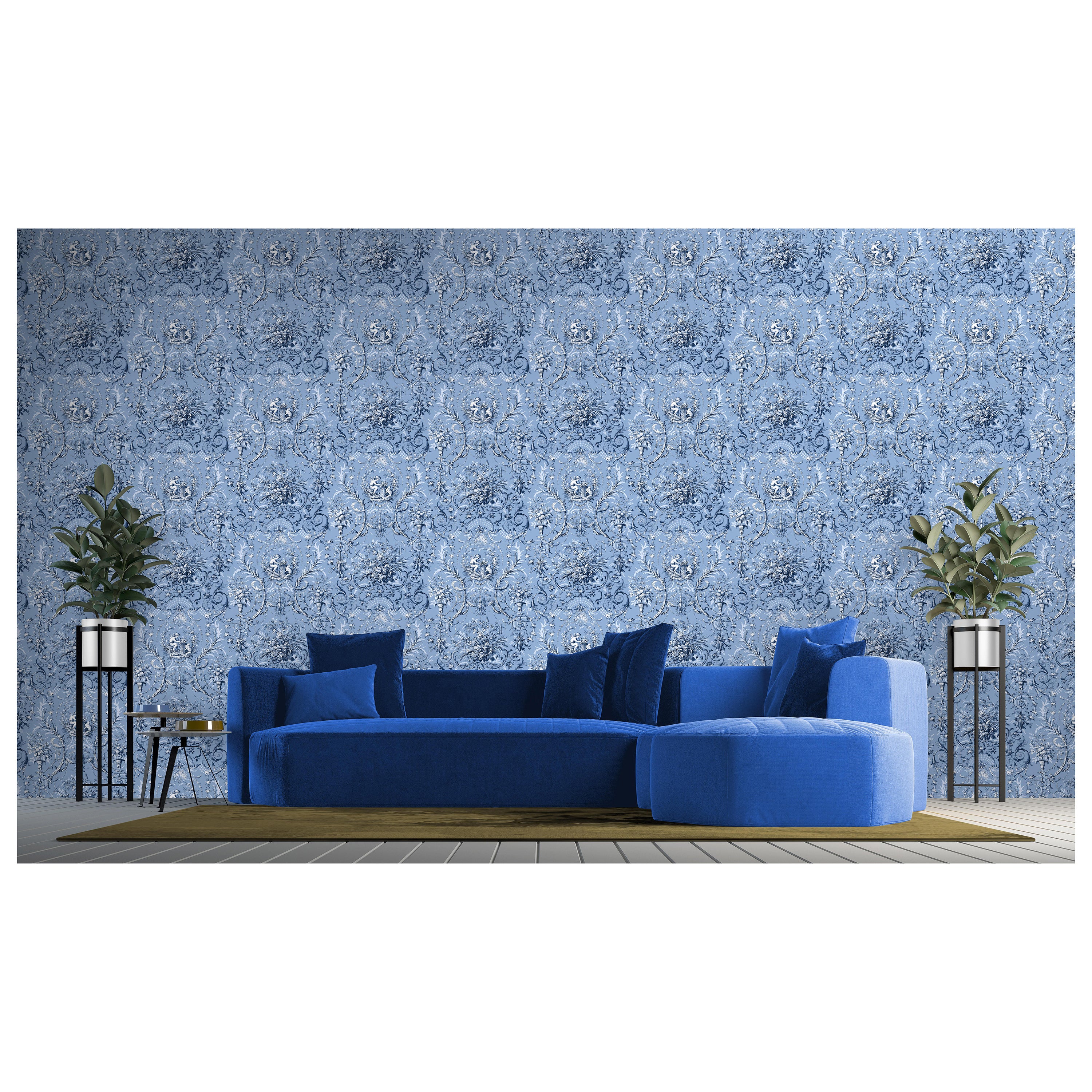 Morphew Abode Toile Blue and White Baroque L'amour Wallpaper For Sale at  1stDibs