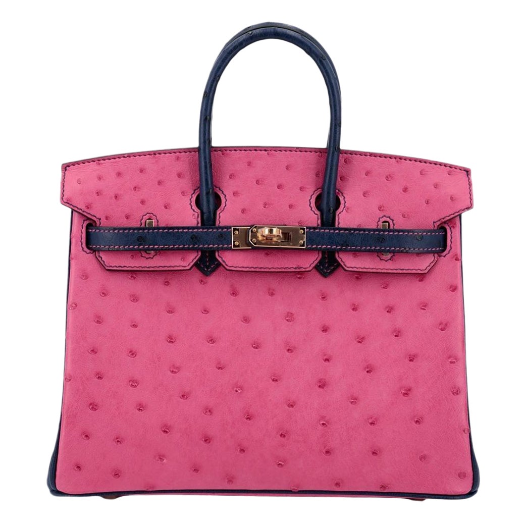 HERMES NEW Birkin 25 Special Order Blue Pink Ostrich Exotic Rose Gold Tote  Bag For Sale at 1stDibs