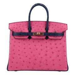 HERMES NEW Birkin 25 Special Order Blue Pink Ostrich Exotic Rose Gold Tote Bag