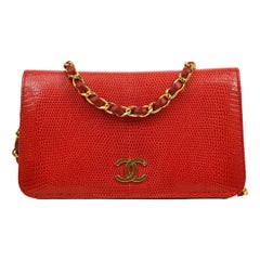 CHANEL Red Lizard Exotic Gold Small Mini Evening Shoudler Flap Bag
