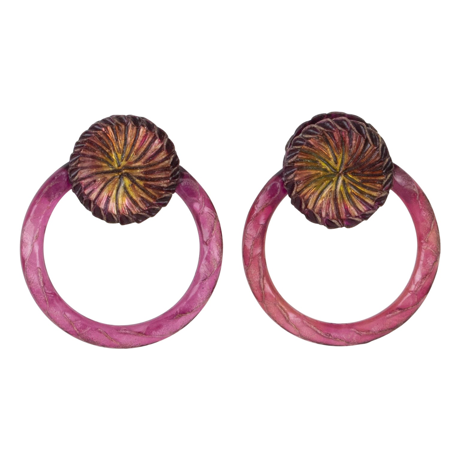 Monique Vedie Paris Resin Clip Earrings Raspberry Purple Hoop For Sale
