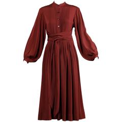 1970s Albert Nipon for I. Magnin Retro Pleated Burgundy Dress