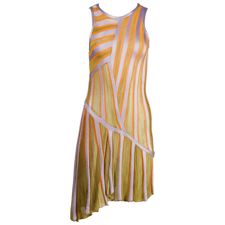 Missoni Knit Asymmetric Striped Dress in Purple Green + Orange For Sale