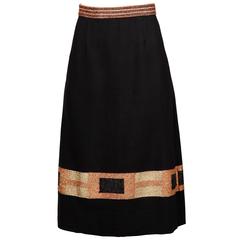 1970s Yannis Travassaros Vintage Black Wool Skirt with Metallic Geometric Design