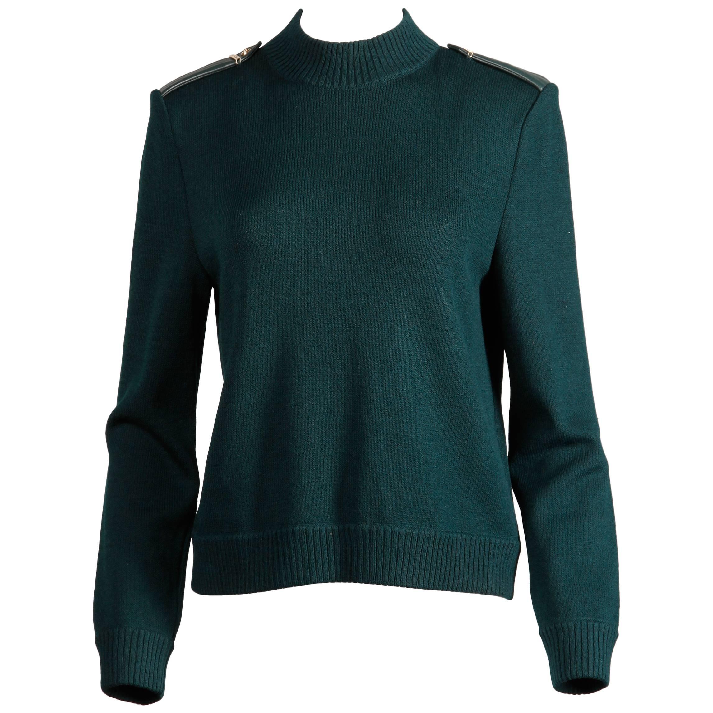 St. John by Marie Gray Dark Green Knit Sweater with Soft Leather Epaulettes