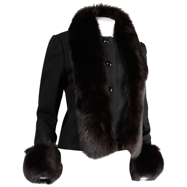 1970s Michael Novarese Vintage Black Wool Jacket with Fox Fur Cuffs