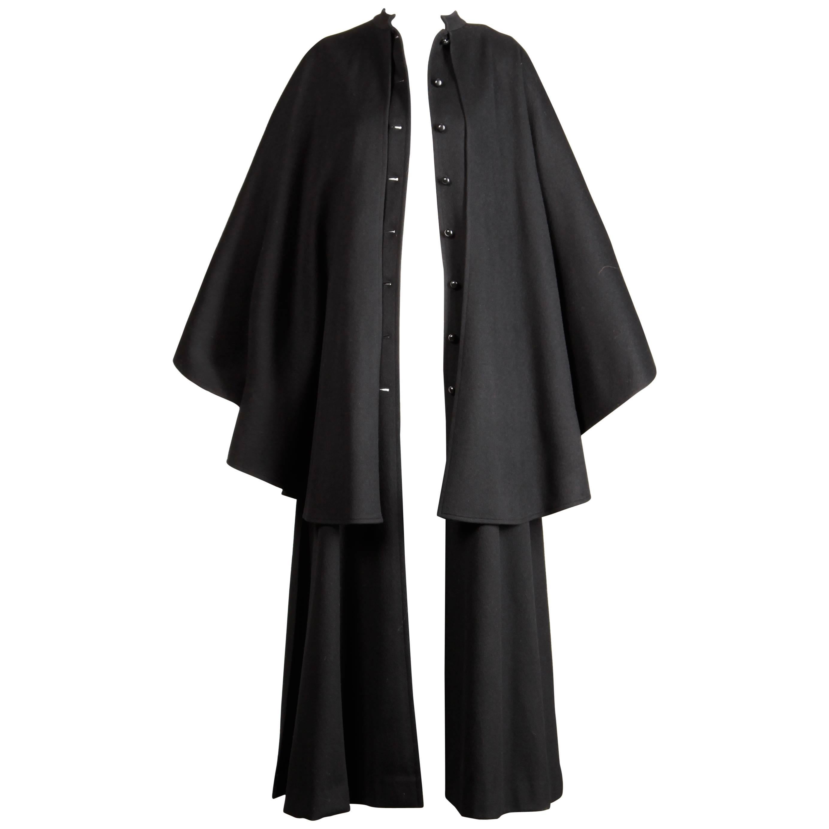 1970s Yves Saint Laurent Vintage Long Black Heavy Wool Cape Coat
