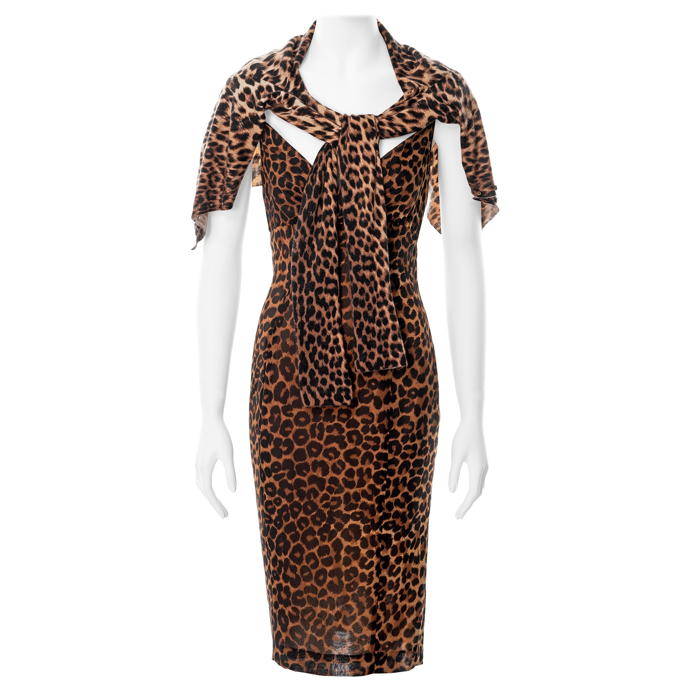 John Galliano leopard print silk slip dress and cashmere cardigan set, ss 1999