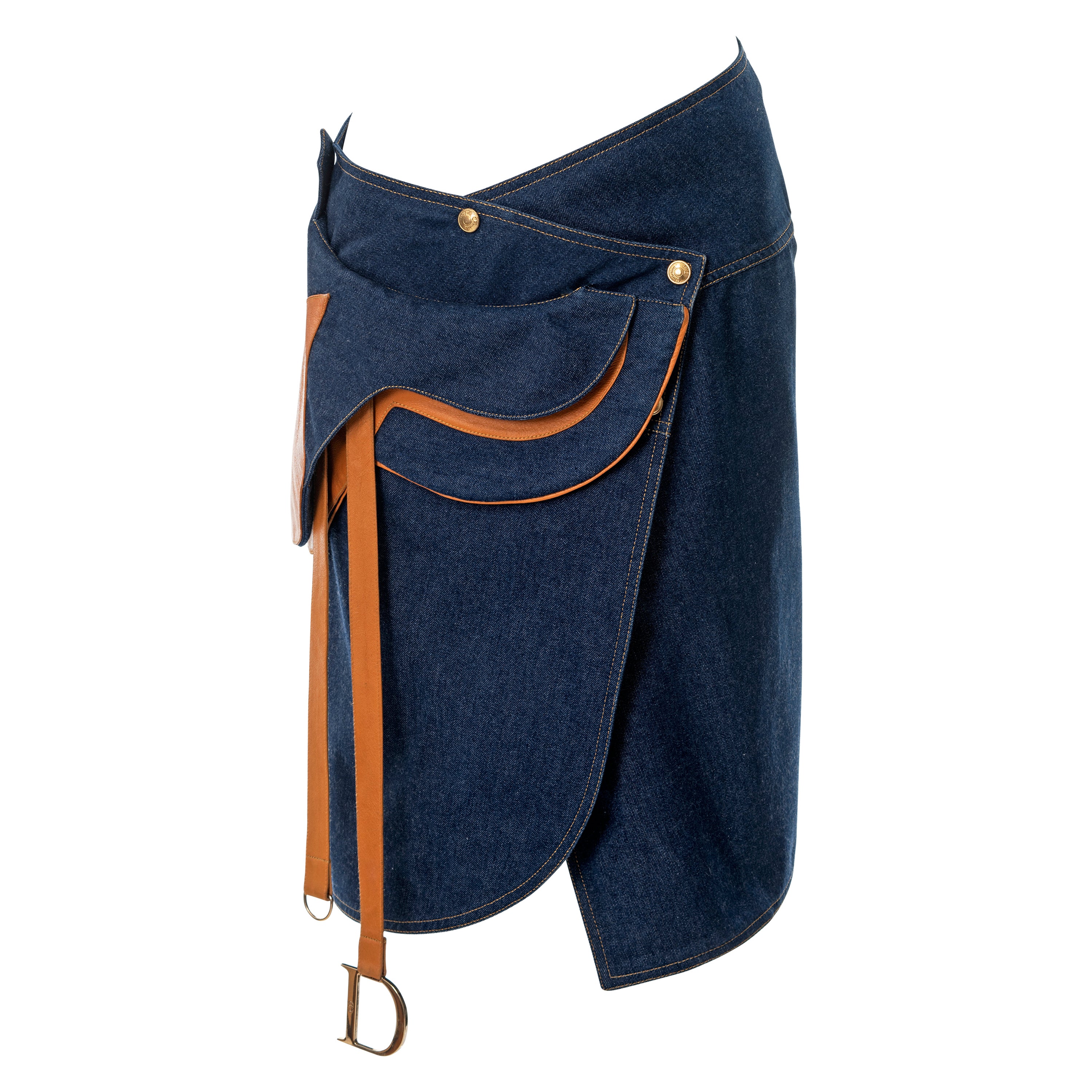 Christian Dior by John Galliano indigo denim and leather saddle skirt, ss 2000 For Sale