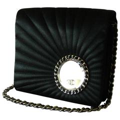 Chanel Evening Bag Black Stitched Silk Satin + Leather Chain Mirror Detail 2002 1