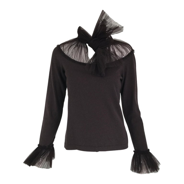 Valentino Brown Wool Knit & Tulle Yoke with Bow Tie Neck Sweater For Sale