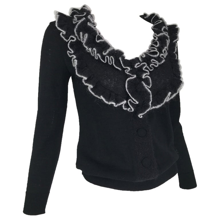 Givenchy Black Fine Wool Knit with white Angora Trim Wide Ruffle Collar Sweater  For Sale