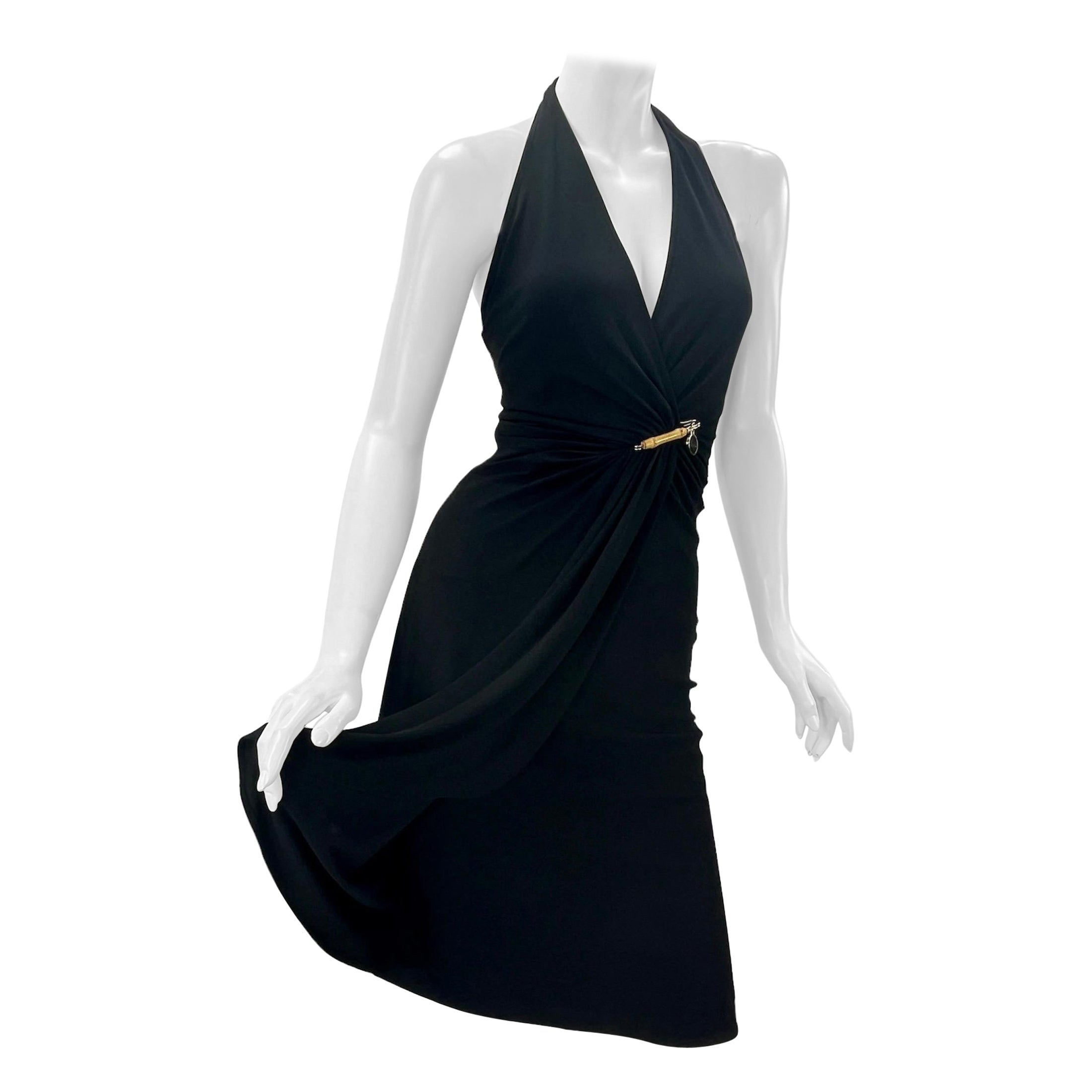 NWT 2006 Vintage Gucci Wrap Effect Black Dress Open Back and Bamboo Pin 38 US 2 For Sale