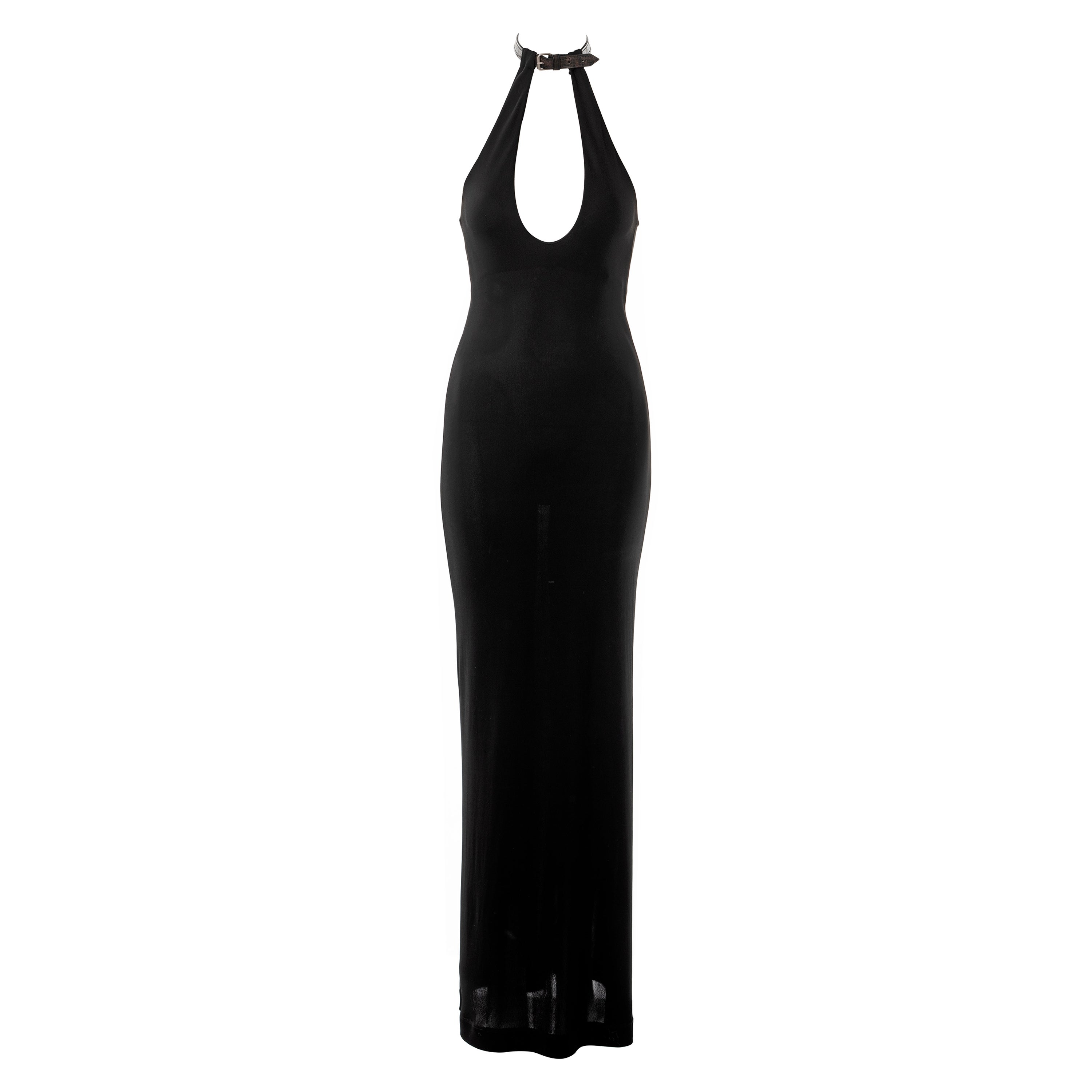 Jean Paul Gaultier black rayon maxi dress with leather choker, ss 2001 For Sale