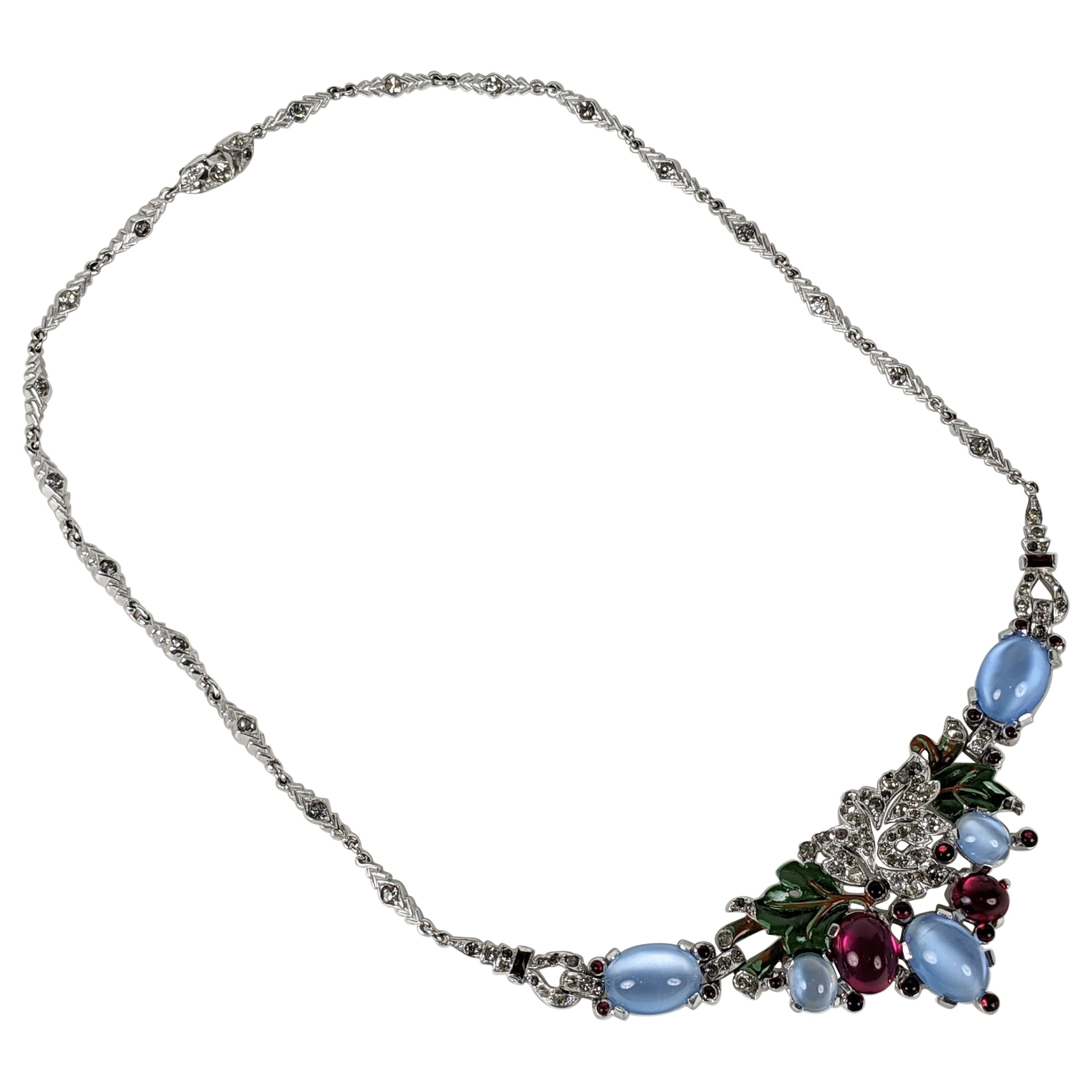 Trifari Alfred Phillipe Art Deco Faux Moonstone, Ruby and Enamel Necklace For Sale