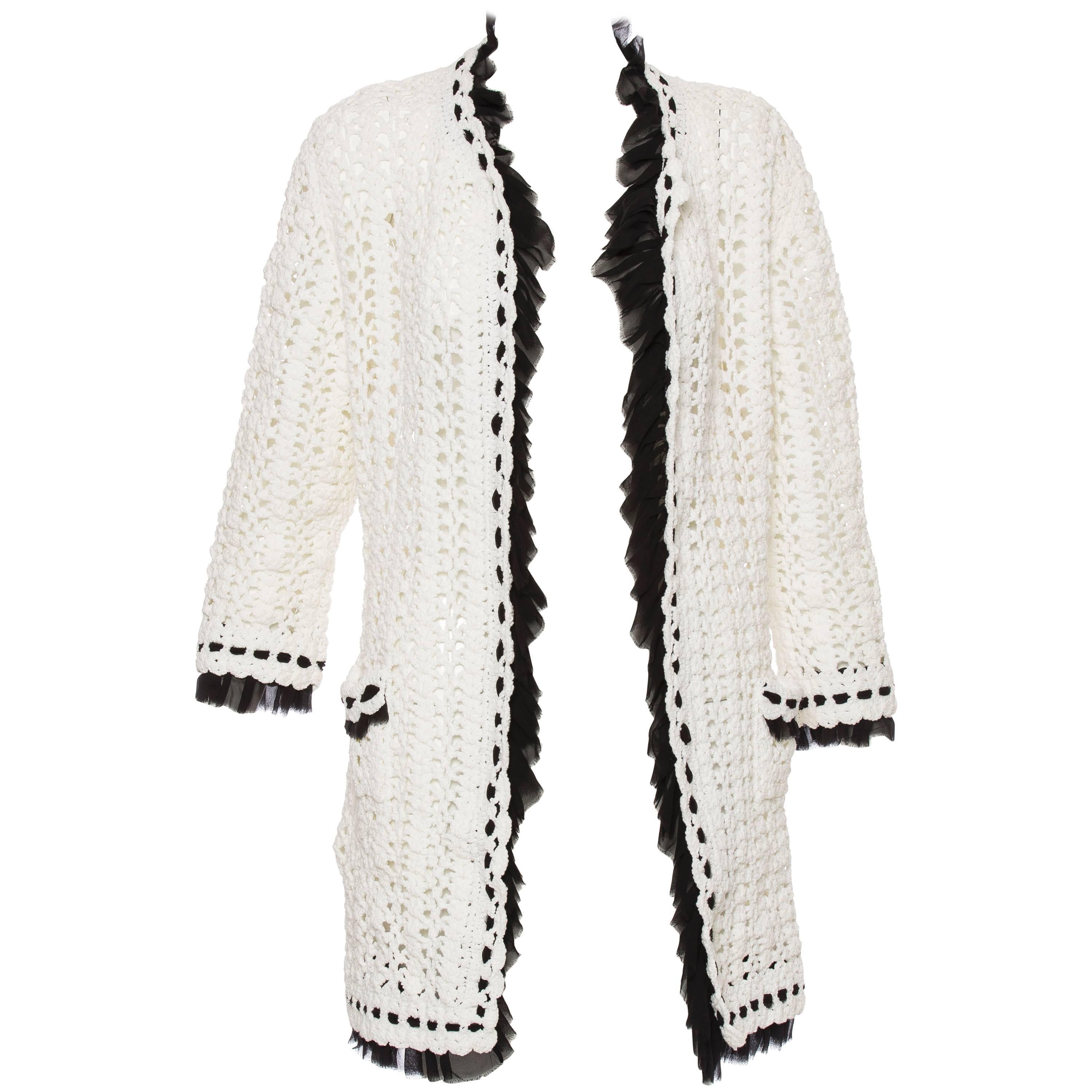 Chanel Ivory Crochet Knit Cardigan With Black Silk Chiffon Trim, Spring 2005 For Sale