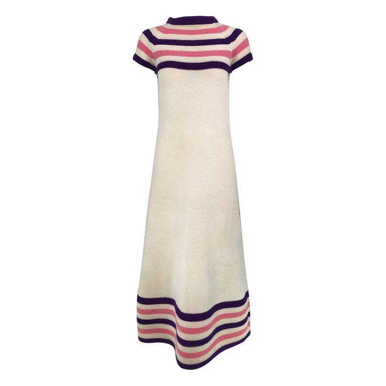 Lore Dibbern Cream Wool Knit Pink & Purple Stripe Maxi Dress Italy 1960s For Sale