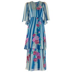 Vintage 1970s Blue and White Painted Silk Chiffon Floral Layered Angel Sleeve Dress