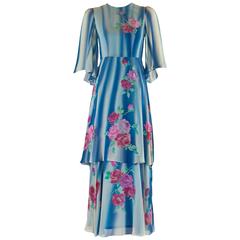 1970s Blue and White Silk Chiffon Floral Layered Angel Sleeve Dress 12
