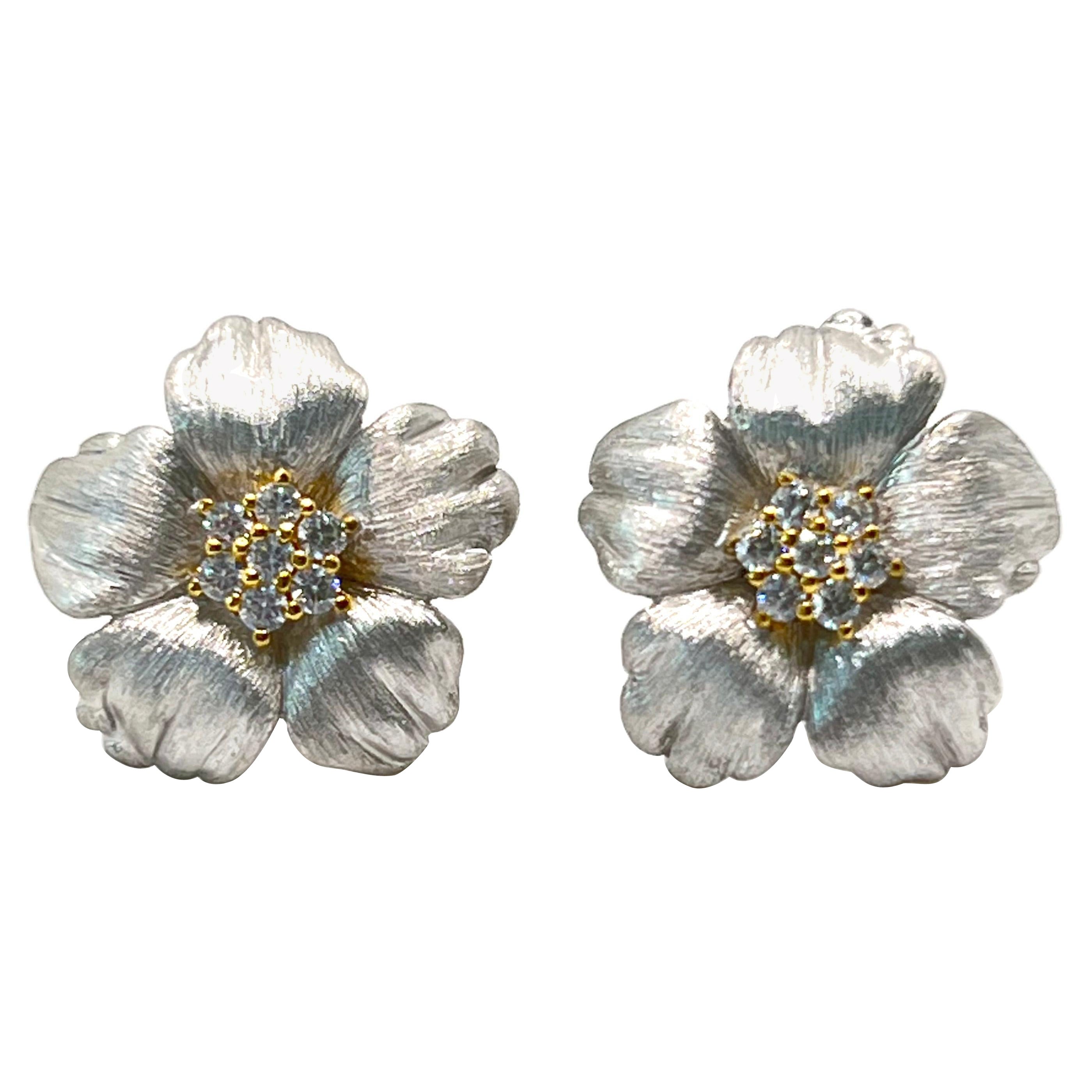 18mm Five Petal Flower Two-tone Sterling Silver Earrings