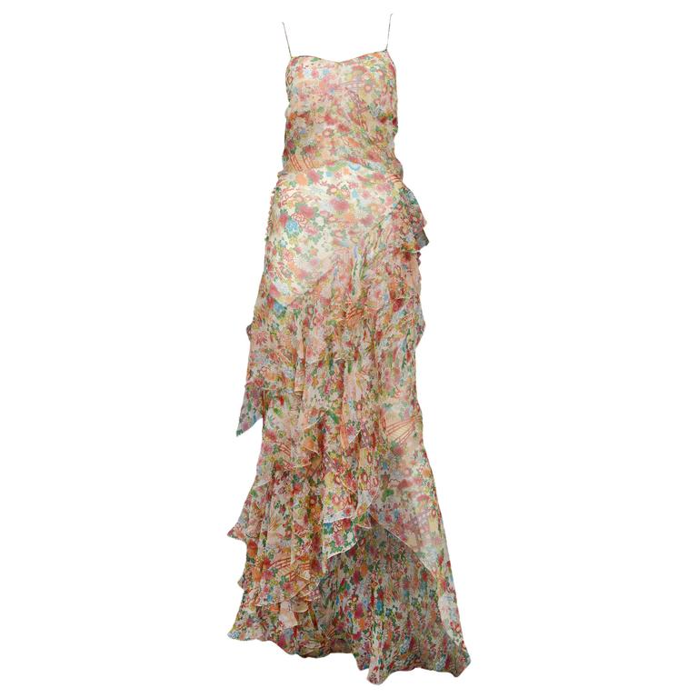 John Galliano for Dior Multicolor Floral Ruffle Gown at 1stDibs